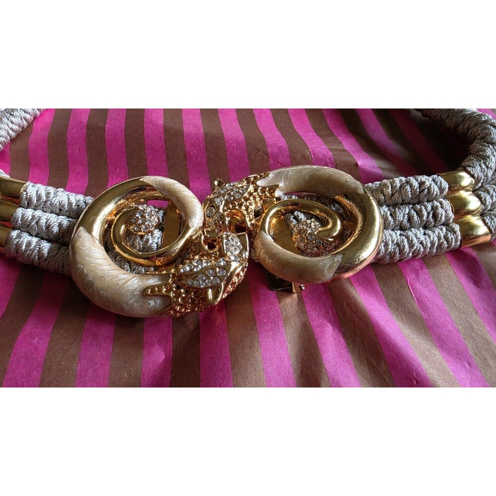 VTG 1980s Gold Tone Enamel Tiger/Lion Head Statement Cinch Stretch Belt Germany